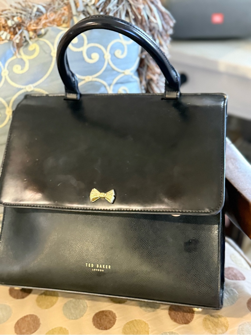 Ted Baker Black Structured Top-Handle Satchel with Gold Bow